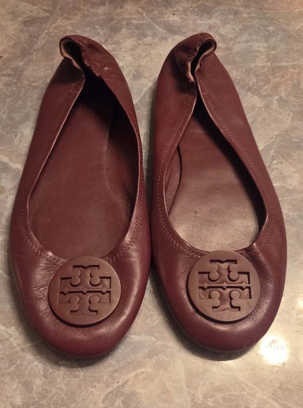Tory Burch Maroon Leather Logo Ballet Flats